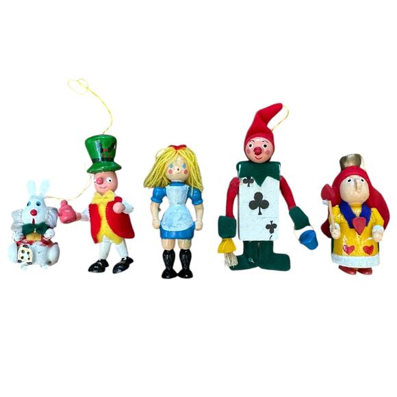 Vintage Alice in Wonderland Wood Ornaments Handmade Christmas Holiday set of 5 - Picture 2 of 7